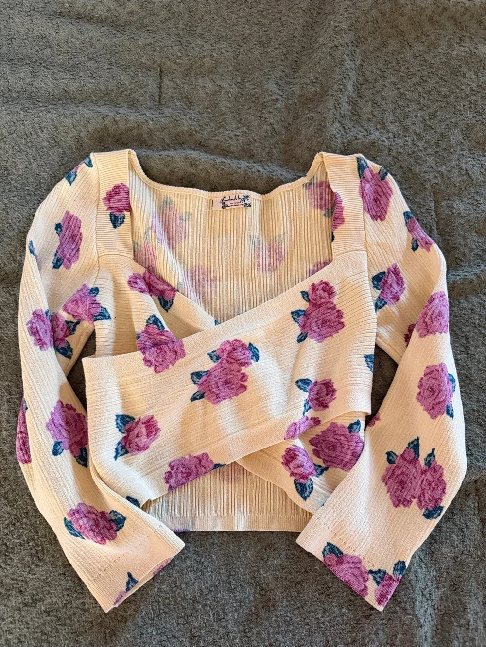 Free People Cream Knit Wrap Crop Top with Pink Floral Print